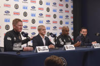 Philadelphia Union manager Jim Curtin, from left, new player Cavan Sullivan, reserve team coach Marlon LeBlanc, and academy director Jon Scheer attend an MLS soccer news conference at Subaru Park in Chester, Pa., Thursday, May 9, 2024. (Jonathan Tannenwald/The Philadelphia Inquirer via AP