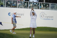 Jin Young Ko, of South Korea, reacts after finishing putting on the 18th hole during the final round of the LPGA Cognizant Founders Cup golf tournament, Sunday, May 14, 2023, in Clifton, N.J. Ko went on to win the tournament in a playoff. (AP Photo/Seth Wenig)