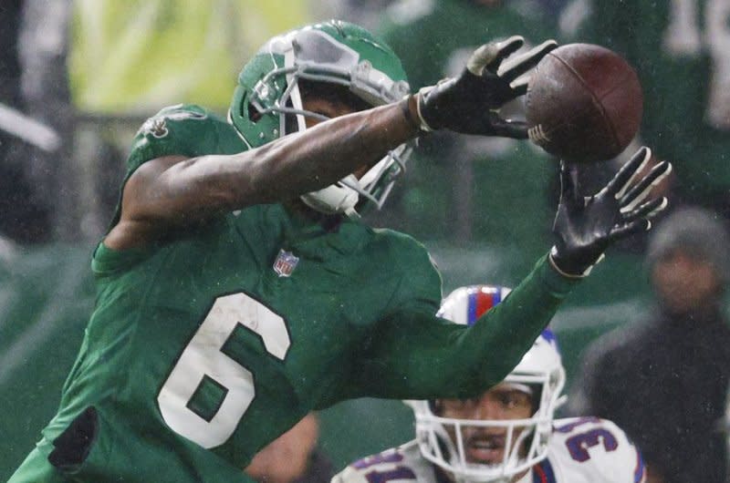 Philadelphia Eagles wide receiver DeVonta Smith makes a catch against the Buffalo Bills on Sunday at Lincoln Financial Field in Philadelphia. Photo by Laurence Kesterson/UPI