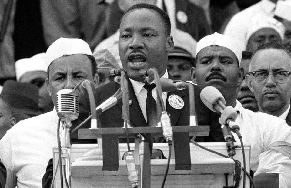 The Rev. Martin Luther King Jr. addresses marchers during his 'I Have a Dream' speech at the Lincoln Memorial in Washington in this Aug. 28, 1963, file photo.