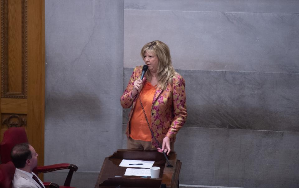 State Rep. Gloria Johnson, D-Knoxville, speaks at the Tennessee State Capitol in Nashville on April 6.