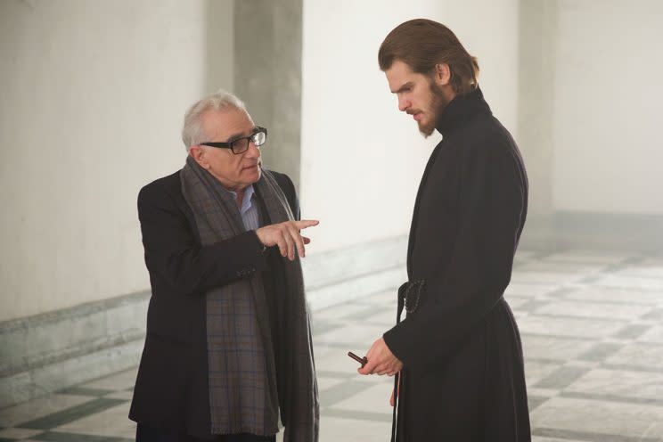 Scorsese and Andrew Garfield on the set of 'Silence' (Credit: Studiocanal)