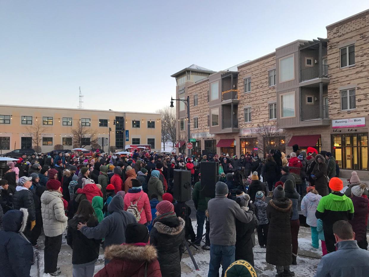 A crowd gathers to watch the 75th annual Sun Prairie Groundhog Prognostication event on Thursday, February 2, 2023, in downtown Sun Prairie, Wisconsin.