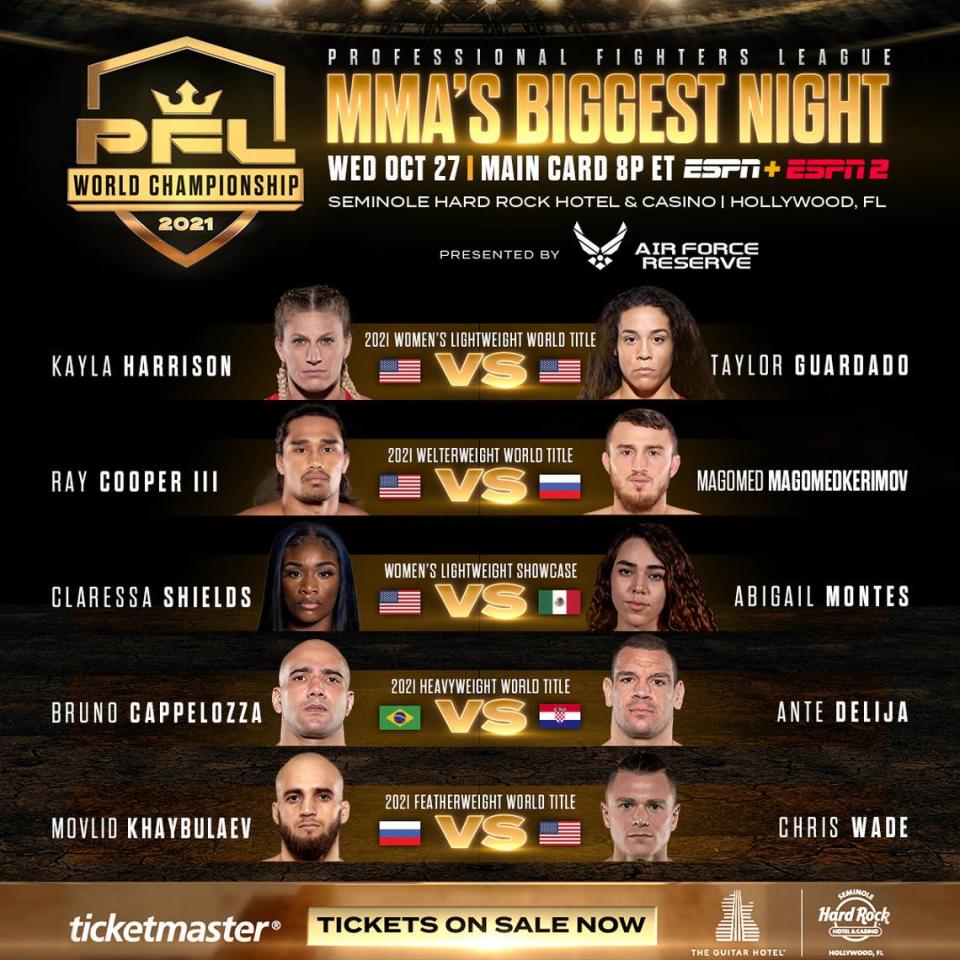 PFL MMA Night of Champions on Oct. 27, 2021 at Hard Rock Live at Seminole Hard Rock Hotel & Casino near Hollywood in South Florida.