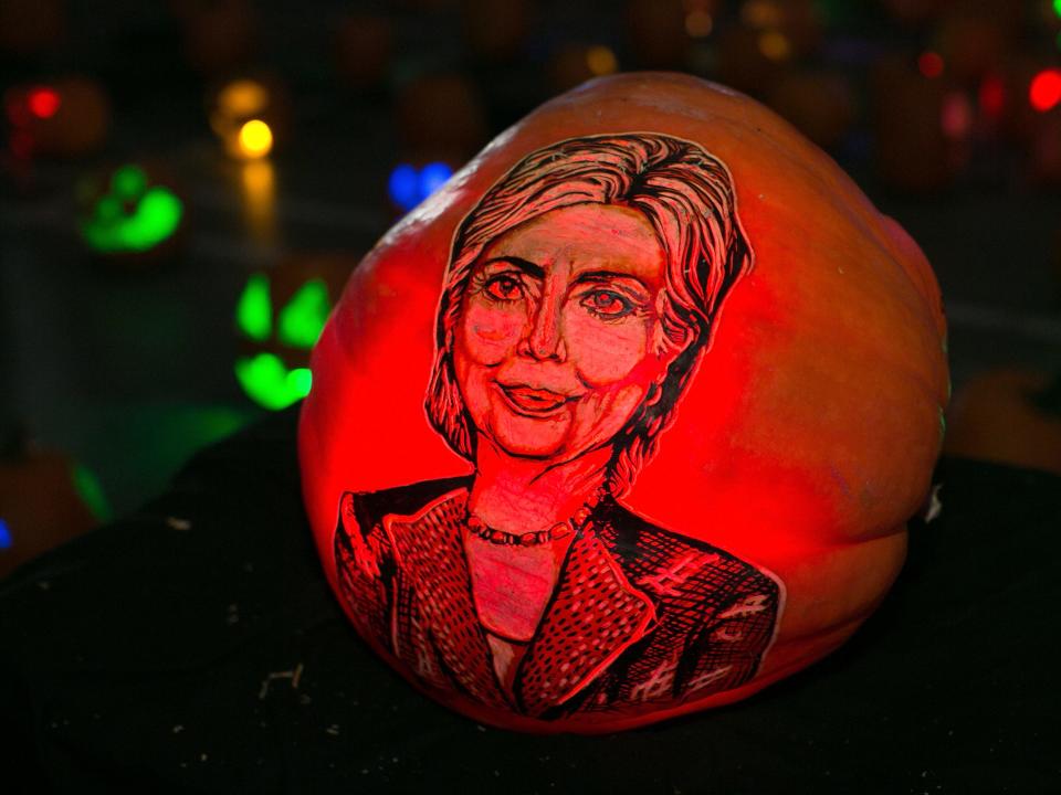 Hillary Clinton pumpkin at the "Rise of the Jack O'Lanterns" show in Los Angeles, California, in 2016.