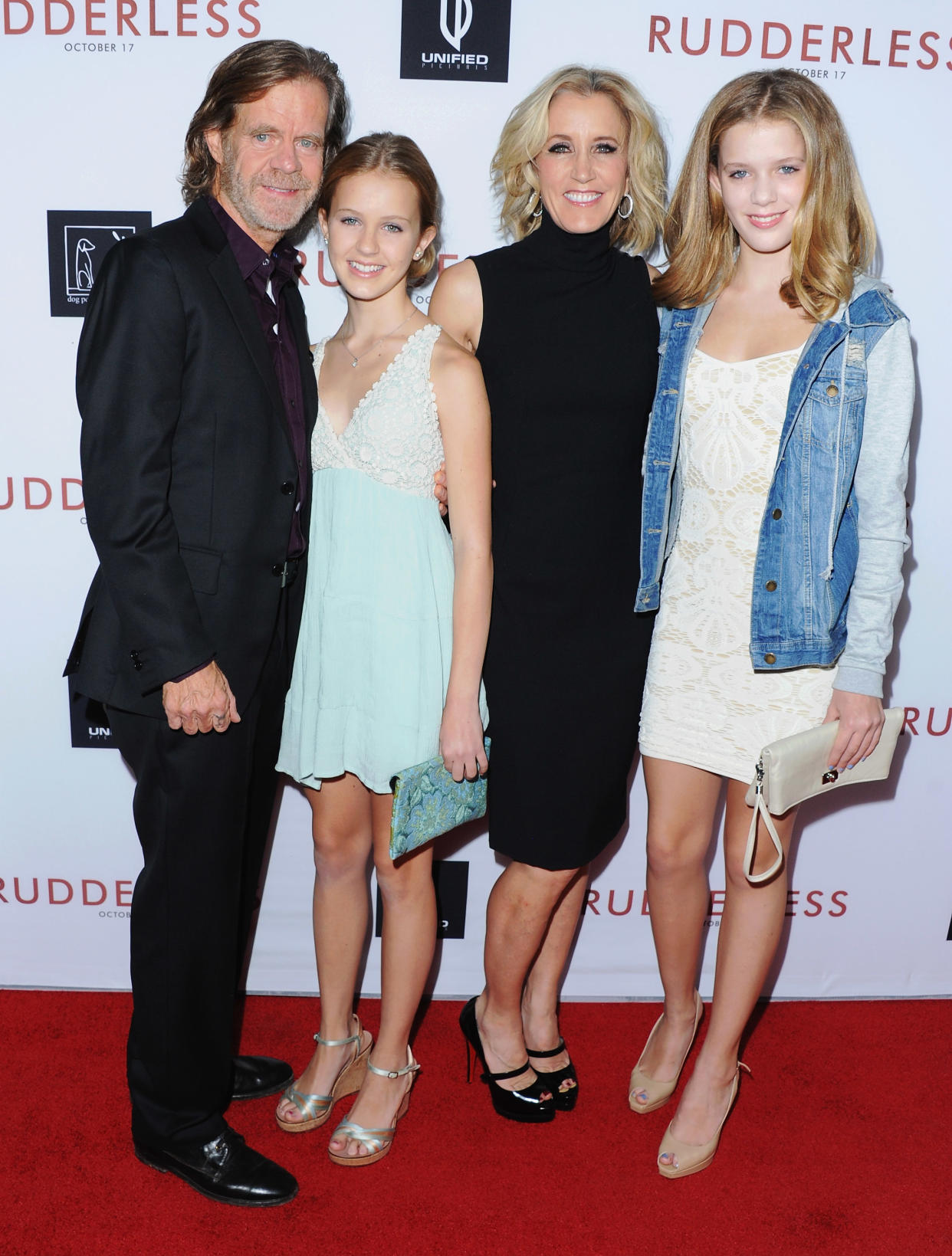 LOS ANGELES, CA - OCTOBER 07:  Director/actor William H. Macy, daughter Georgia Macy, Actress Felicity Huffman and daughter Sofia Macy arrive at the Los Angeles VIP Screening "Rudderless" at the Vista Theatre on October 7, 2014 in Los Angeles, California.  (Photo by Jon Kopaloff/FilmMagic)