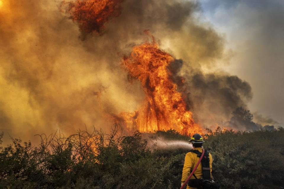 Firefighter Raymond Vasquez braves tall flames as he fights the advancing Silverado fire fueled by Santa Ana winds.