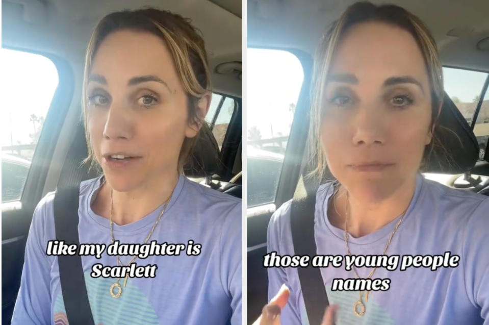 Amber in a car expressing a thought about names including her daughters