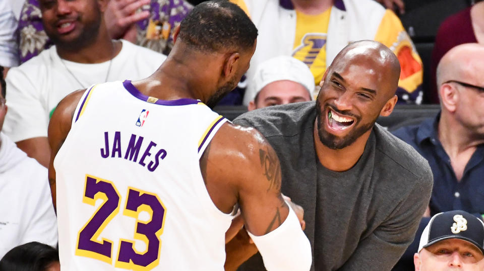 LeBron James is pictured embracing Kobe Bryant during a game between the Los Angeles Lakers and Atlanta Hawks in November, 2019.