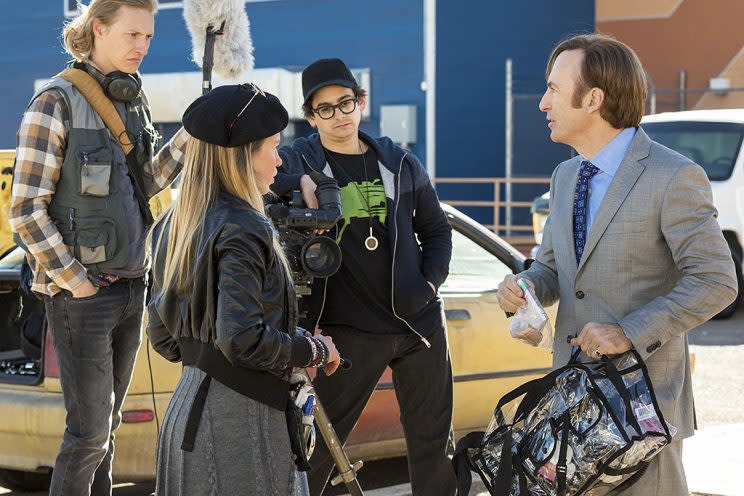 Bob Odenkirk as Jimmy McGill, Hayley Homles as Drama Girl, Josh Fadem as Camera Guy, and Julian Bonfiglio as Sound Guy in AMC’s ‘Better Call Saul’ (Photo: Michele K. Short/AMC/Sony Pictures Television)