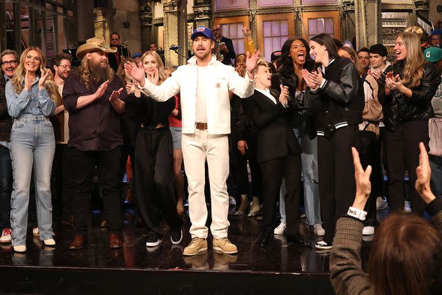 <p>Will Heath/NBC via Getty Images</p> SNL's musical guest Chris Stapleton, surprise guest Emily Blunt, host Ryan Gosling, urprise guest Kate McKinnon, and surprise guest Caitlin Clark