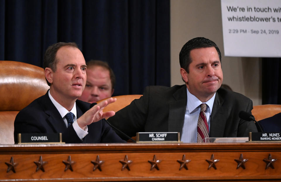 Committee Chairman Adam Schiff (D-CA) speaks and as Ranking Member Rep. Devin Nunes (R-CA) looks on during a House Intelligence Committee hearing as part of the impeachment inquiry into U.S. President Donald Trump on Capitol Hill in Washington, U.S., November 19, 2019. (Photo: Erin Scott/Reuters)