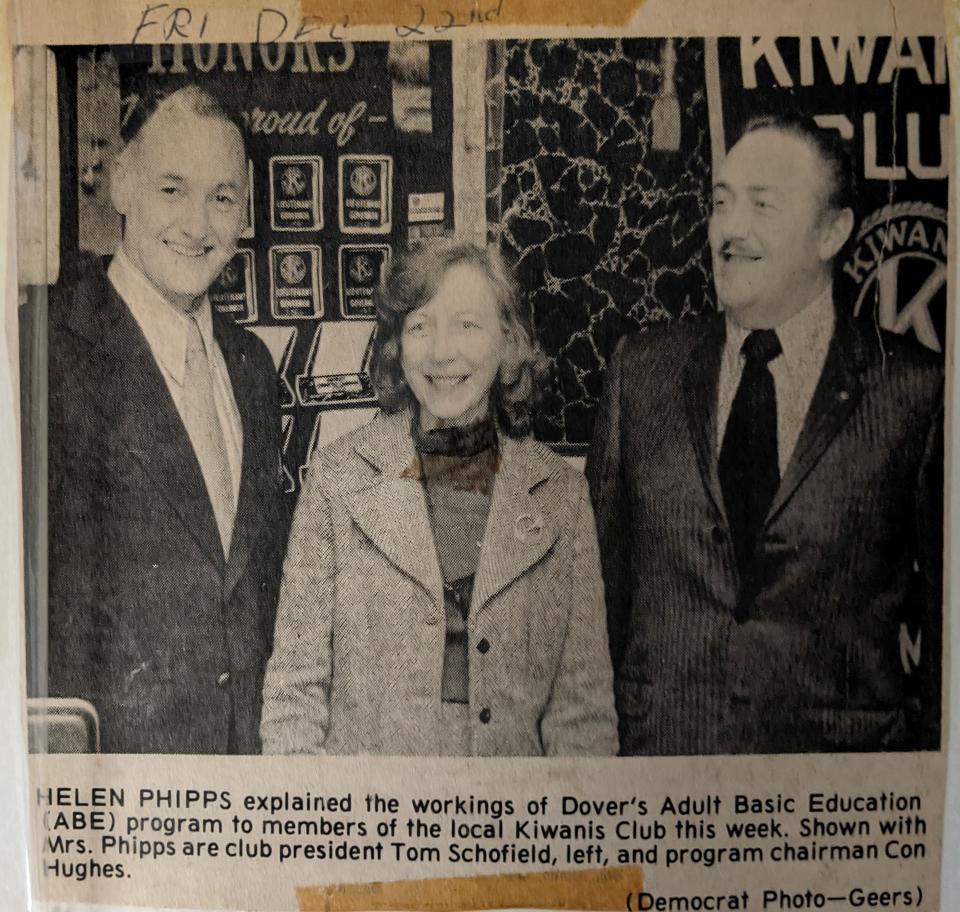 In this newspaper clipping, DALC Founder Helen Phipps meets with Kiwanis Club members in 1973.