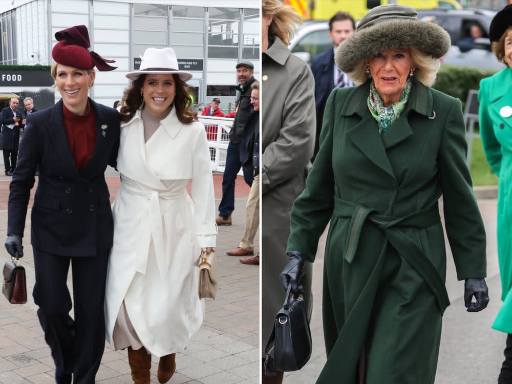 Zara Tindall (l.), Prinzessin Eugenie und Königin Camilla beim Pferderennen in Cheltenham. (Bild: imago/i Images / imago/Parsons Media)