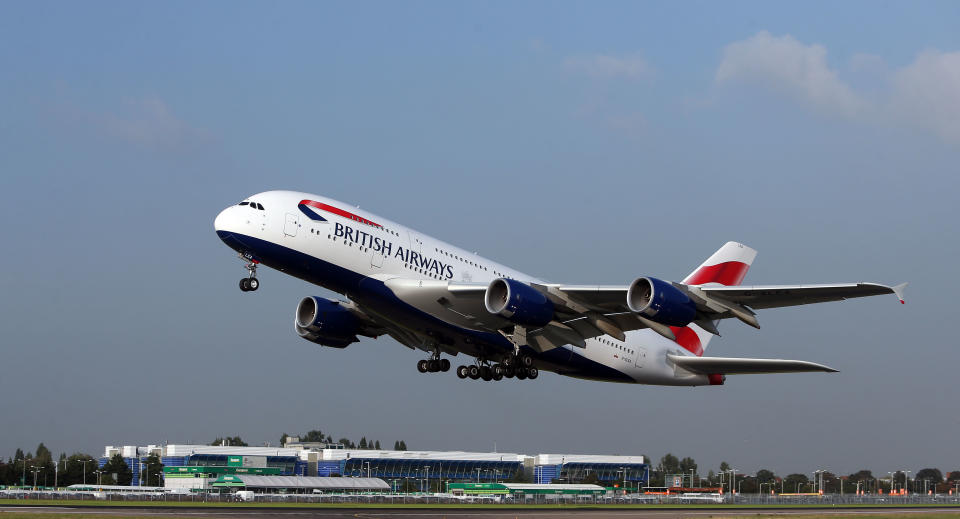 File photo dated 24/9/2013 of a British Airways' A380 taking off from London's Heathrow airport. The airline has said that it has suspended all flights to and from mainland China with immediate effect after the Foreign Office warned against �all but essential travel� to the country because of the coronavirus.