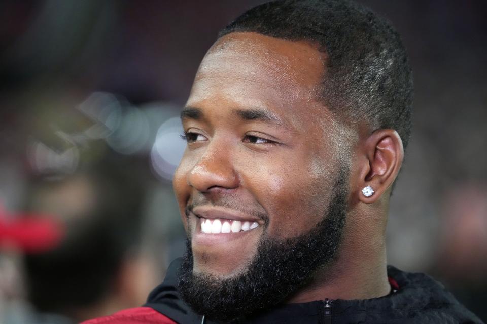 Aug 21, 2022; Glendale, Arizona, USA; Arizona Cardinals safety Budda Baker (3) looks on against the Baltimore Ravens during the second half at State Farm Stadium.