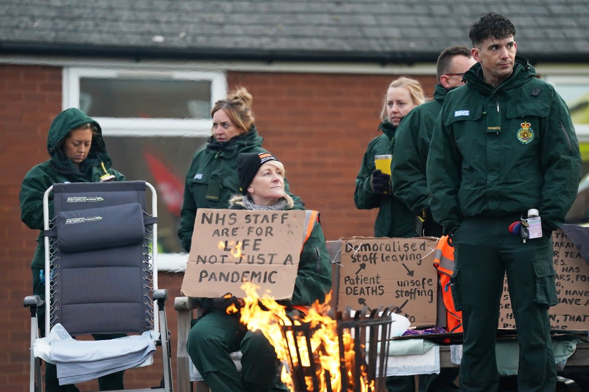 23 January 2023: Ambulance workers on the picket line outside the Donnington Ambulance Hub, at Donnington, near Telford, Shropshire. Thousands of members of Unison, Unite and the GMB unions are set to walk out across England and Wales on Monday as part of continued industrial action in the health service (PA)