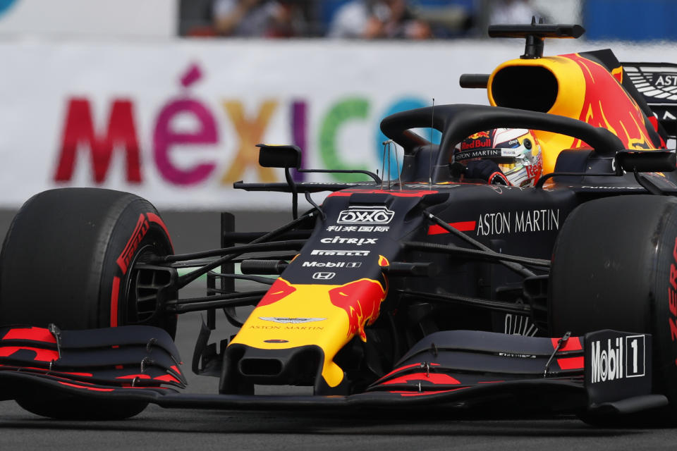 Red Bull driver Max Verstappen, of the Netherlands, competes in the qualifying session for the Formula One Mexico Grand Prix auto race at the Hermanos Rodriguez racetrack in Mexico City, Saturday, Oct. 26, 2019. (AP Photo/Rebecca Blackwell)