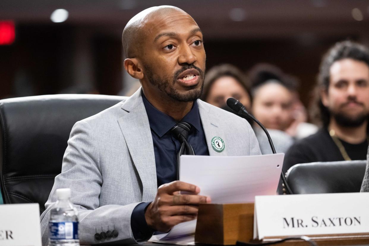 Jaysin Saxton, a fired Starbucks Worker Leader from Augusta, Georgia, testifies about the company's labor and union practices during a Senate Committee on Health, Education, Labor and Pensions hearing on Capitol Hill in Washington, DC, March 29, 2023. (Photo by SAUL LOEB / AFP) (Photo by SAUL LOEB/AFP via Getty Images)