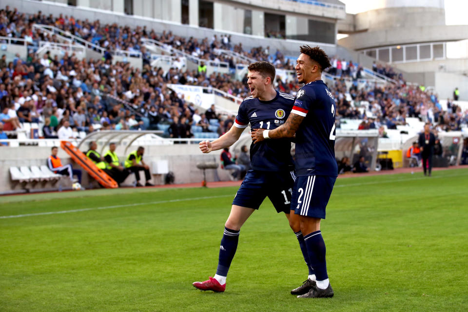 Scotland's Ryan Christie (left) celebrates scoring his first sides goal with Liam Palmer during the UEFA Euro 2020 Qualifying match at the GSP Stadium, Nicosia. PA Photo. Picture date: Saturday November 16, 2019. See PA story SOCCER Cyprus. Photo credit should read: Tim Goode/PA Wire. RESTRICTIONS: Use subject to restrictions. Editorial use only. Commercial use only with prior written consent of the Scottish FA. Call +44 (0)1158 447447 for further information.