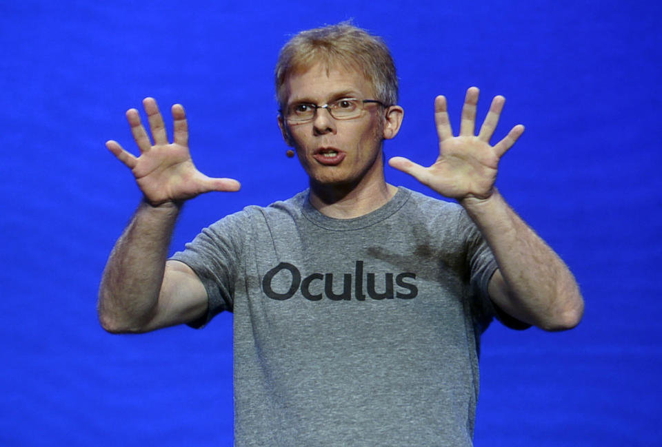 FILE - John Carmack speaks during the Oculus 2 conference in Los Angeles, Thursday, Sept. 24, 2015. Carmack cut his ties with Meta Platforms, a holding company created last year by Facebook founder Mark Zuckerberg, in a Friday, Dec. 16, 2022 letter that vented his frustration as he steeped down as an executive consultant in virtual reality.(AP Photo/Nick Ut, File)