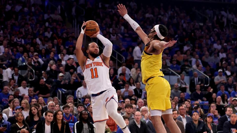 New York Knicks guard Jalen Brunson (11) takes a shot against Indiana Pacers guard Andrew Nembhard (2) during the first quarter of game one of the second round of the 2024 NBA playoffs at Madison Square Garden.