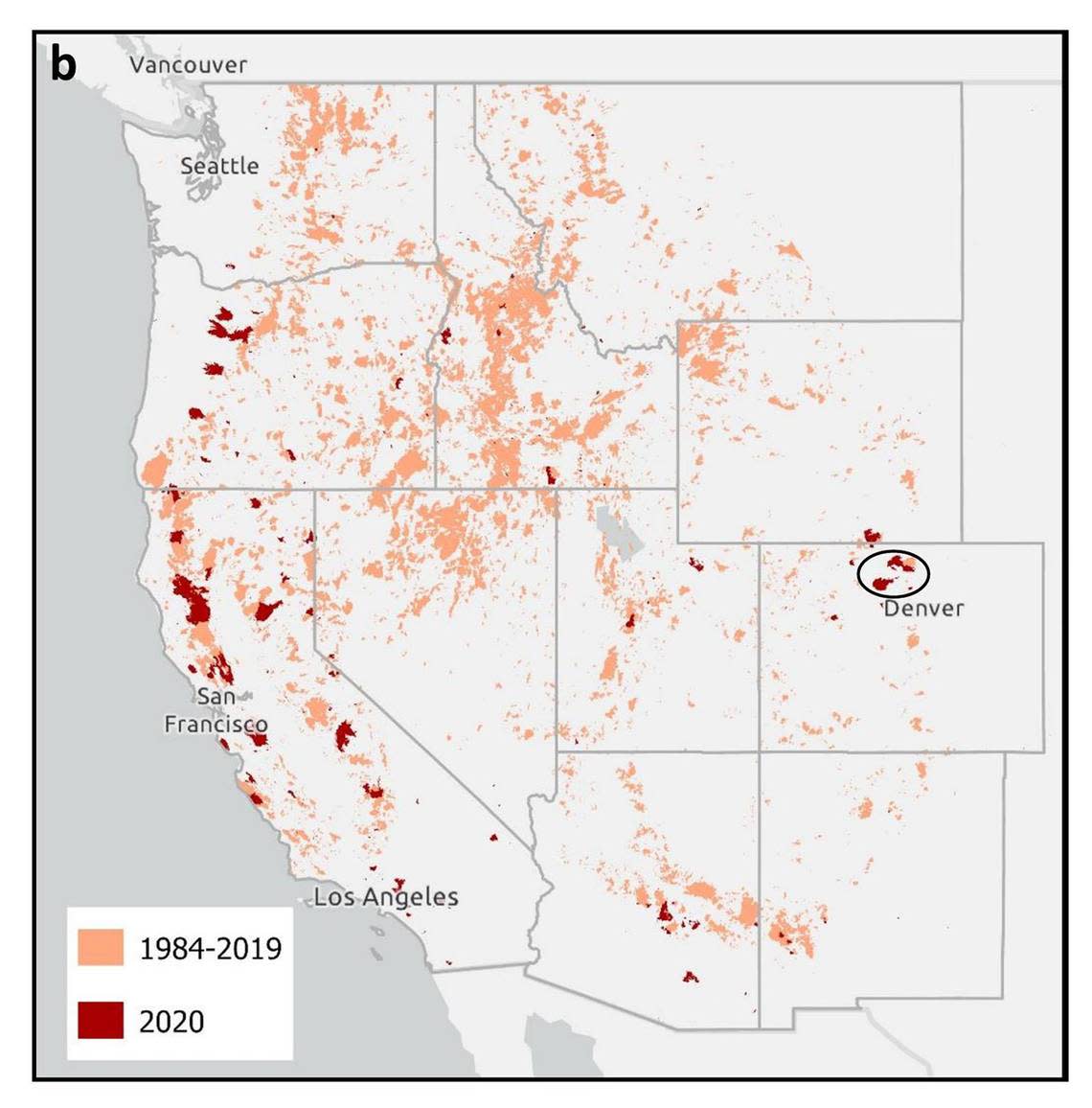 Western US snow and fire summaries showing fire boundaries from Monitoring Trends in Burn Severity (MTBS) 1984–2019, and National Interagency Fire Center 2020. The black circle indicates the 2020 Cameron Peak Fire and East Troublesome Fire.