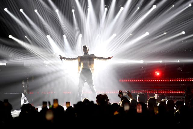 <p>Denise Truscello/Getty Images for Fontainebleau Las Vegas</p> Justin Timberlake performs in Las Vegas on Dec. 13, 2023