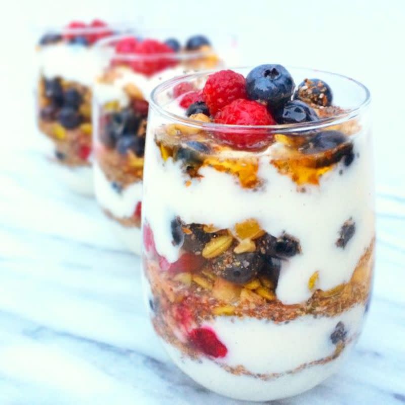 <p>The Lemon Bowl</p><p>An easy, make-ahead breakfast packed with plenty of protein and heart-healthy fats to give you all day energy. <strong><a href="https://thelemonbowl.com/make-ahead-fruit-and-yogurt-protein-parfaits/" rel="nofollow noopener" target="_blank" data-ylk="slk:Click HERE for recipe;elm:context_link;itc:0;sec:content-canvas" class="link ">Click HERE for recipe</a>. </strong></p>