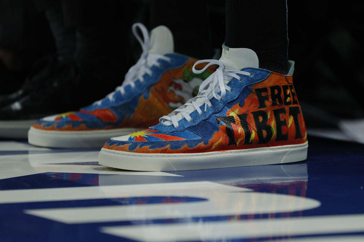 NEW YORK, NEW YORK - OCTOBER 20: Detail of the shoes worn by Enes Kanter #13 of the Boston Celtics with the wording 