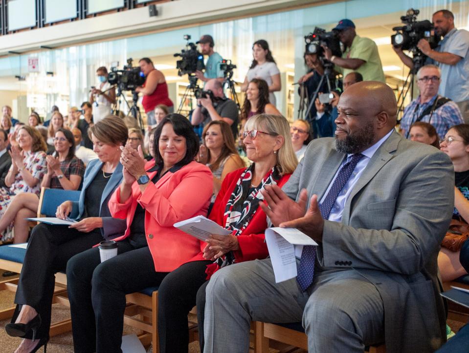 Several state officials visited MassBay Community College on Thursday to tout a new educational inititiative that enables residents 25 and older to attend community college for free. From left are Gov. Maura Healey, Lt. Gov. Kim Driscoll, state Senate President Karen Spilka and state Secretary of Education Patrick Tutwiler.