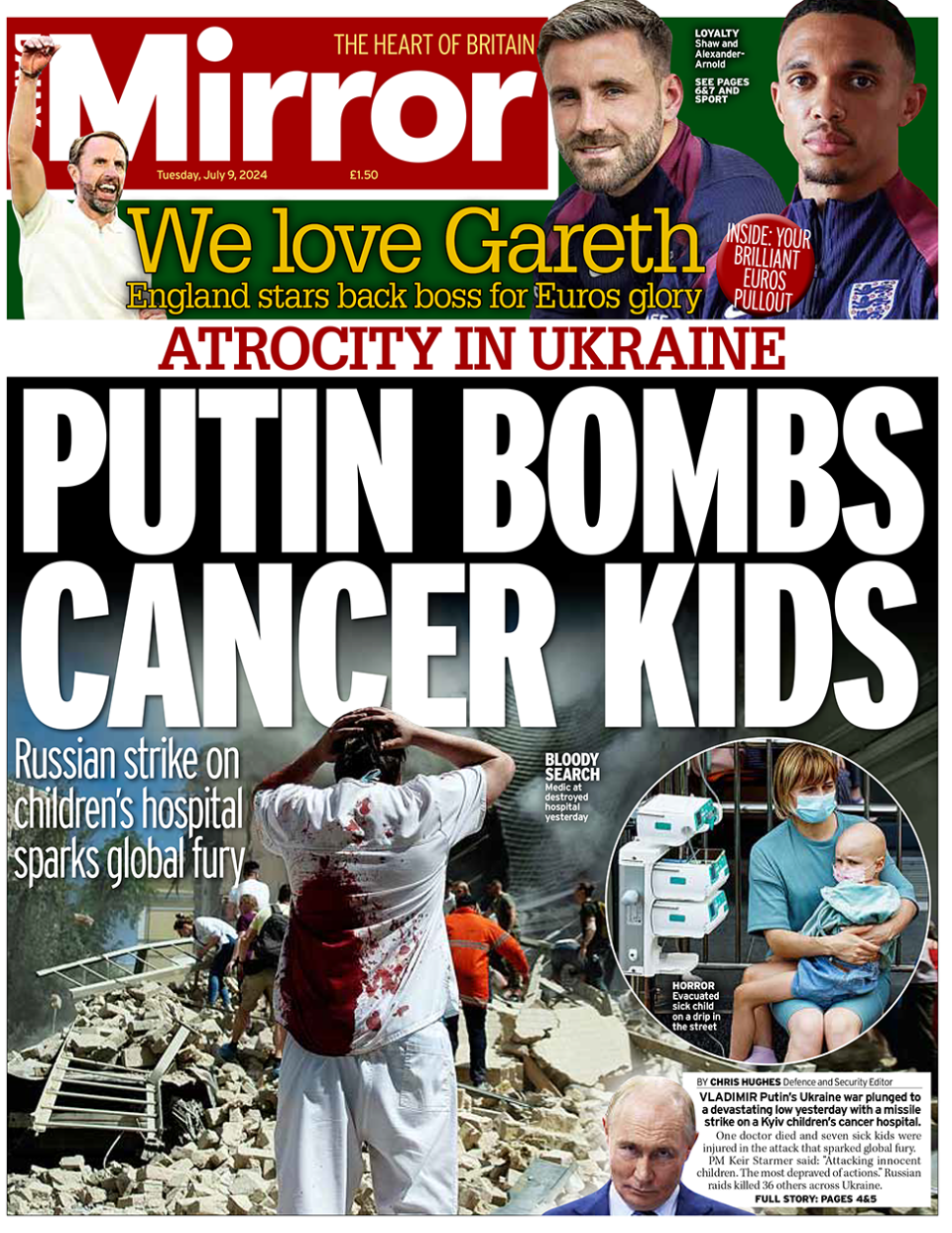 Front page of the Daily Mirror, which focuses on a strike on a children's hospital in Ukraine