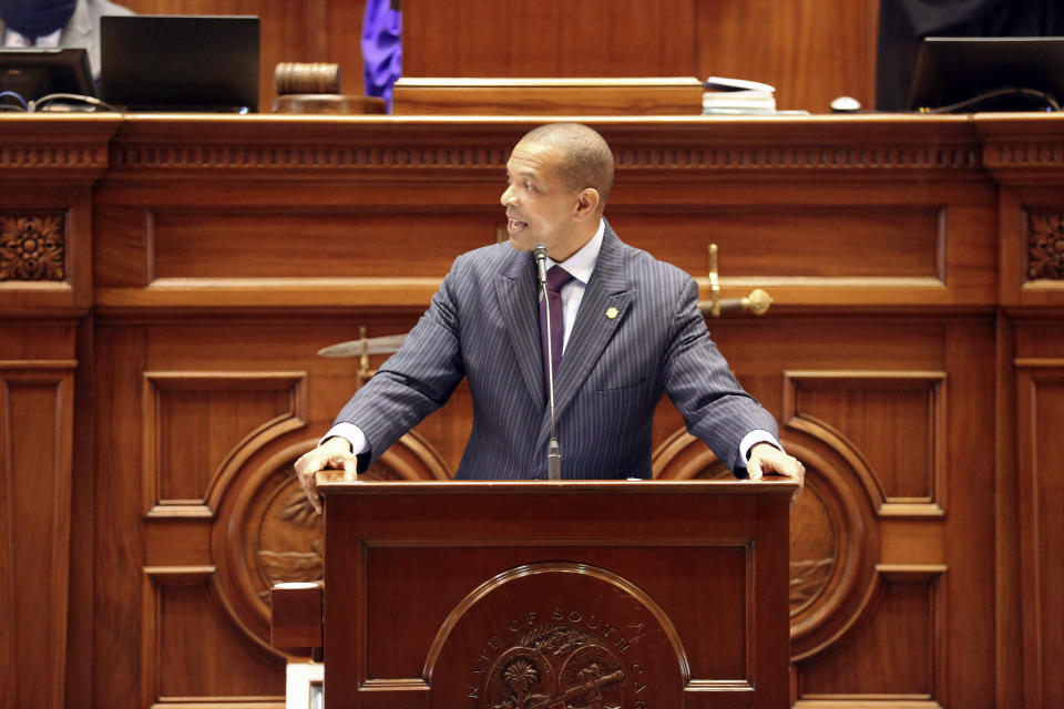 State Sen. Marlon Kimpson, D-Charleston, speaks about a bill that would ban almost all abortions in the state on Wednesday, Jan. 27, 2021, in Columbia, S.C. The Senate passed the bill on an initial vote. (AP Photo/Jeffrey Collins)