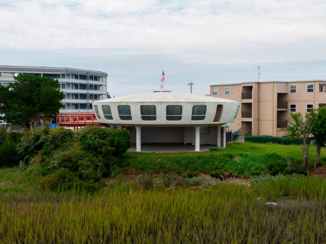 A cylindrical shaped house, known by locals as the “UFO house” on Garden City Beach overlooking Murrells Inlet as withstood many hurricanes over the years . Sept. 1, 2022.