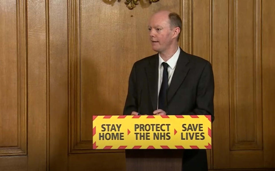 Screen grab of Chief Medical Officer Chris Whitty during a media briefing in Downing Street, London, on coronavirus (COVID-19). (Photo by PA Video/PA Images via Getty Images)