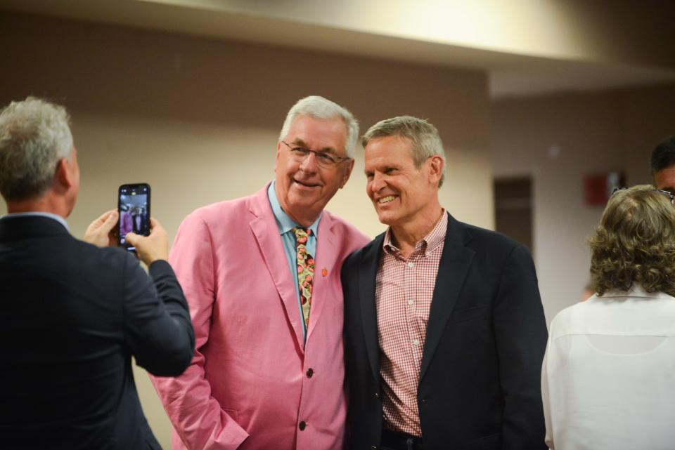 Humboldt Mayor Marvin Sikes and Gov. Bill Lee pose for a photo during the 86th annual West Tennessee Strawberry Festival Governor's Luncheon in Humboldt, Tenn., on Friday, May 10, 2024.