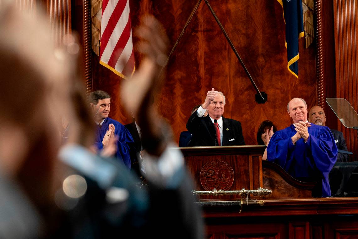 S.C. Gov. Henry McMaster and the joint assembly applaud Highway Patrol Lance Corporal B.A. Frazier who was injured in the line of duty, while delivering the State of the State address in the S.C. House Chamber on Wednesday, Jan. 24, 2024