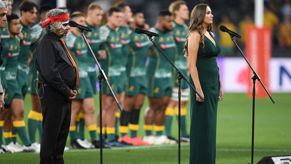 Olivia Fox, pictured here singing Advance Australia Fair before the Wallabies' clash with Argentina.