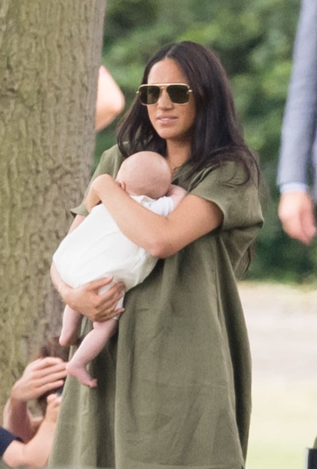 Meghan Markle, Duchess of Sussex, in a Lisa Marie Fernandez dress at <em>the King Power Royal Charity Polo Day at Billingbear Polo Club in Wokingham, England. Photo: Samir Hussein/WireImage</em>