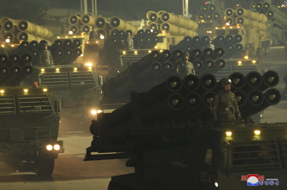 This photo provided by the North Korean government shows a military parade marking the ruling party congress, at Kim Il Sung Square in Pyongyang, North Korea Thursday, Jan. 14, 2021. Independent journalists were not given access to cover the event depicted in this image distributed by the North Korean government. The content of this image is as provided and cannot be independently verified. Korean language watermark on image as provided by source reads: "KCNA" which is the abbreviation for Korean Central News Agency. (Korean Central News Agency/Korea News Service via AP)