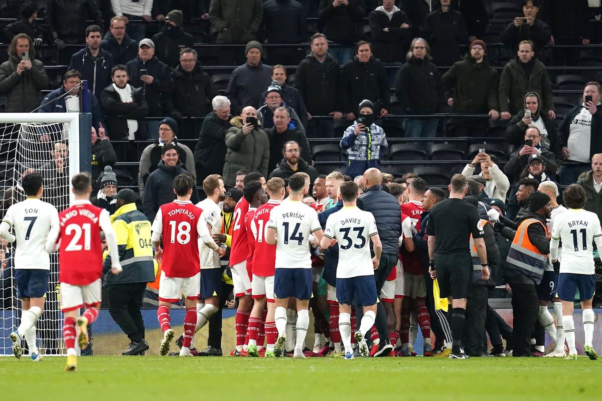 Aaron Ramsdale, centre, was confronted by a fan in a post-match fracas (Nick Potts/PA) (PA Wire)