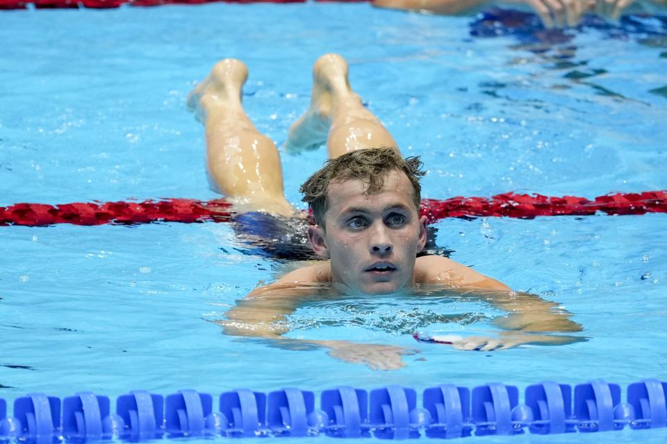 Carson Foster after swimming during the Men's 400 individual medley preliminary heat Sunday, June 16, 2024, at the US Swimming Olympic Trials in Indianapolis. (AP Photo/Darron Cummings)