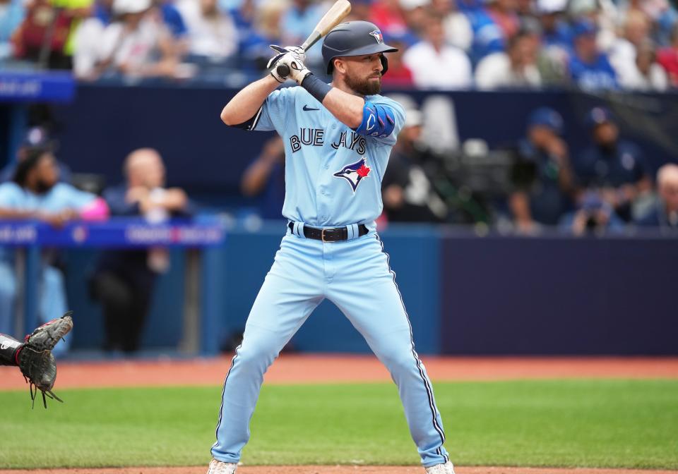 Toronto Blue Jays pinch hitter Mason McCoy (10) waits for a pitch during his major league debut on Aug. 30, 2023, against the Washington Nationals during the eighth inning at Rogers Centre.