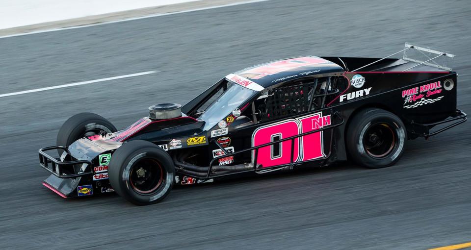 Melissa Fifield, driver of the #1 Pine Knoll Auto Sales Car, during qualifying for the NASCAR Whelen Modified Tour 200 during night 2 of the World Series of Asphalt Stock Car Racing at New Smyrna Speedway in New Smyrna, Florida on February 12, 2022. (Adam Glanzman/NASCAR)