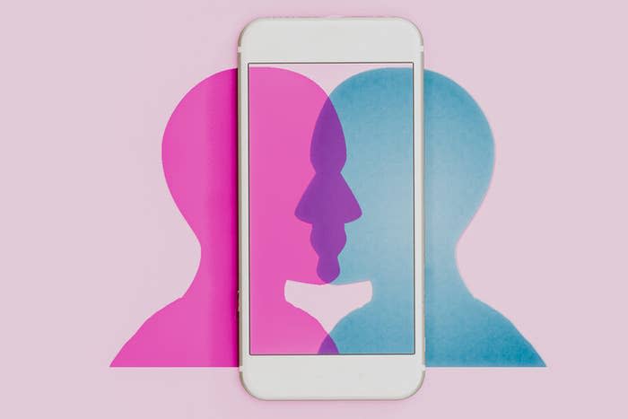 graphic of two shadows of people's head overlapping with a phone screen layered on top