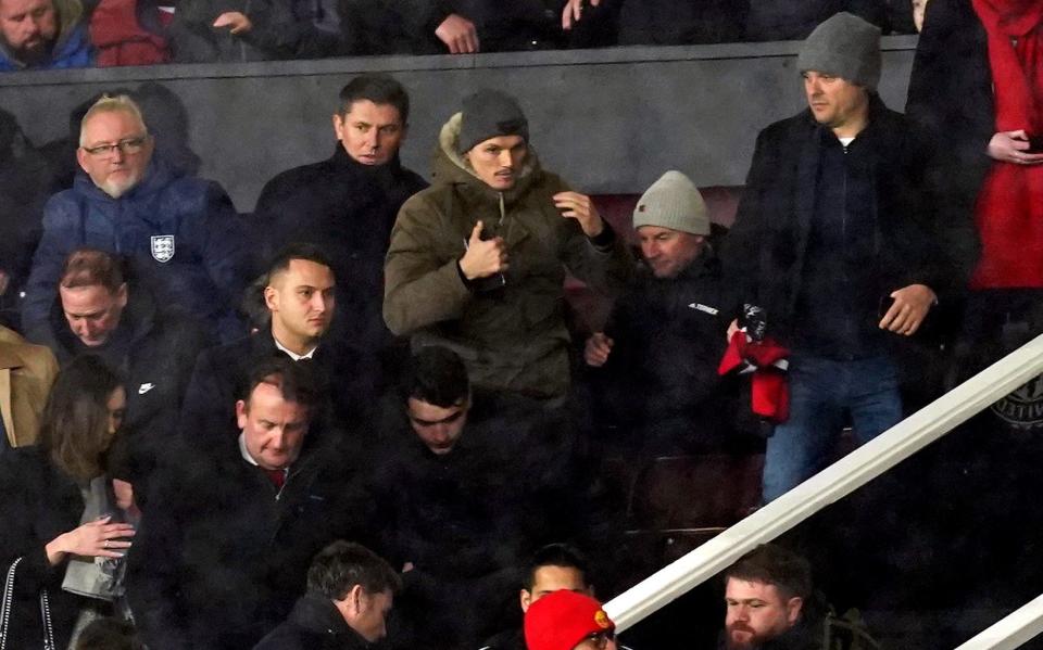 Marcel Sabitzer in the stands at Old Trafford - Erik ten Hag takes Manchester United to Wembley as Jadon Sancho returns - Martin Rickett/PA