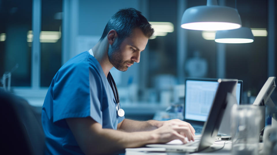 A hospital technician using a laptop to review health benefit plans of a patient in the ward.