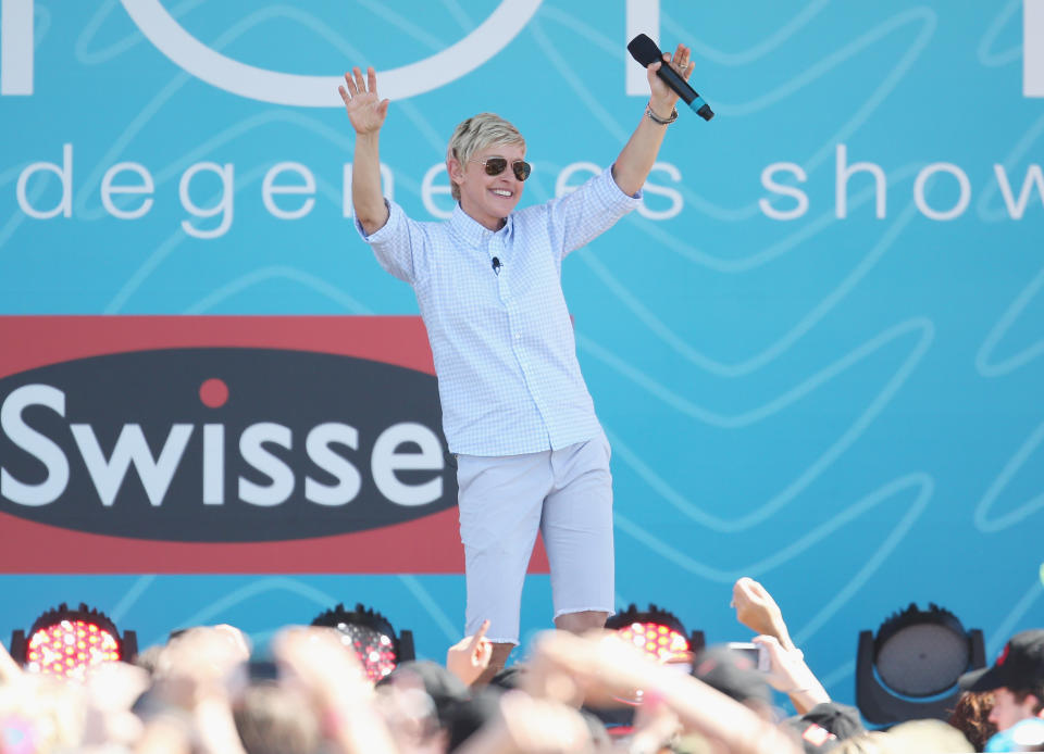 MELBOURNE, AUSTRALIA - MARCH 26:  Television personality Ellen DeGeneres dances on stage during the filming of her television show at Birrarung Marr on March 26, 2013 in Melbourne, Australia. DeGeneres is in Australia to film segments for her TV show, 'Ellen'.  (Photo by Scott Barbour/Getty Images)