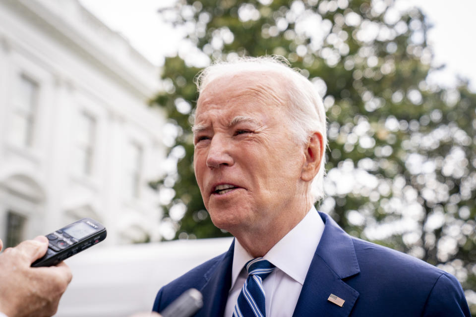 President Joe Biden speaks with members of the media before boarding Marine One on the South Lawn of the White House in Washington, Wednesday, June 28, 2023, for a short trip to Andrews Air Force Base, Md., and then on to Chicago. Biden has started using a continuous positive airway pressure, or CPAP, machine at night to help with sleep apnea, the White House said Wednesday after indents from the mask were visible on his face. (AP Photo/Andrew Harnik)
