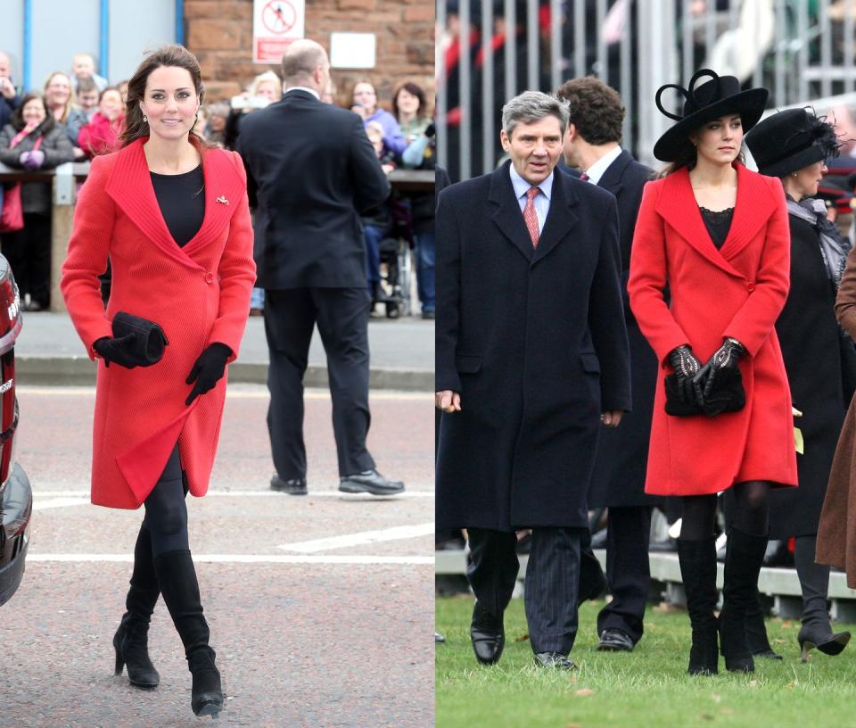 <p>Middleton first wore her red Armani coat in December 2006 (before her marriage to Prince William) and then brought the look back in April 2013. </p>